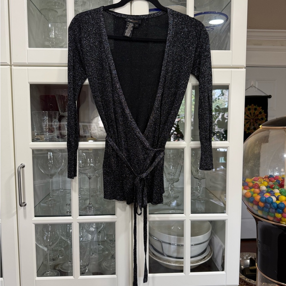 BCBGMaxAzria Black Metallic Wrap Top